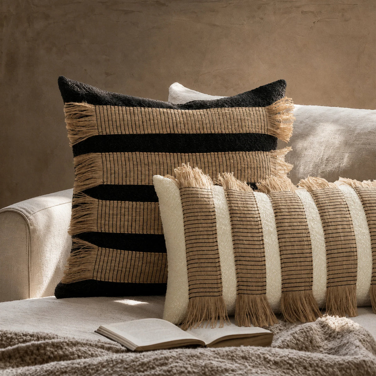 Throw Pillow Boucle & Handwoven Jute Removable Cover