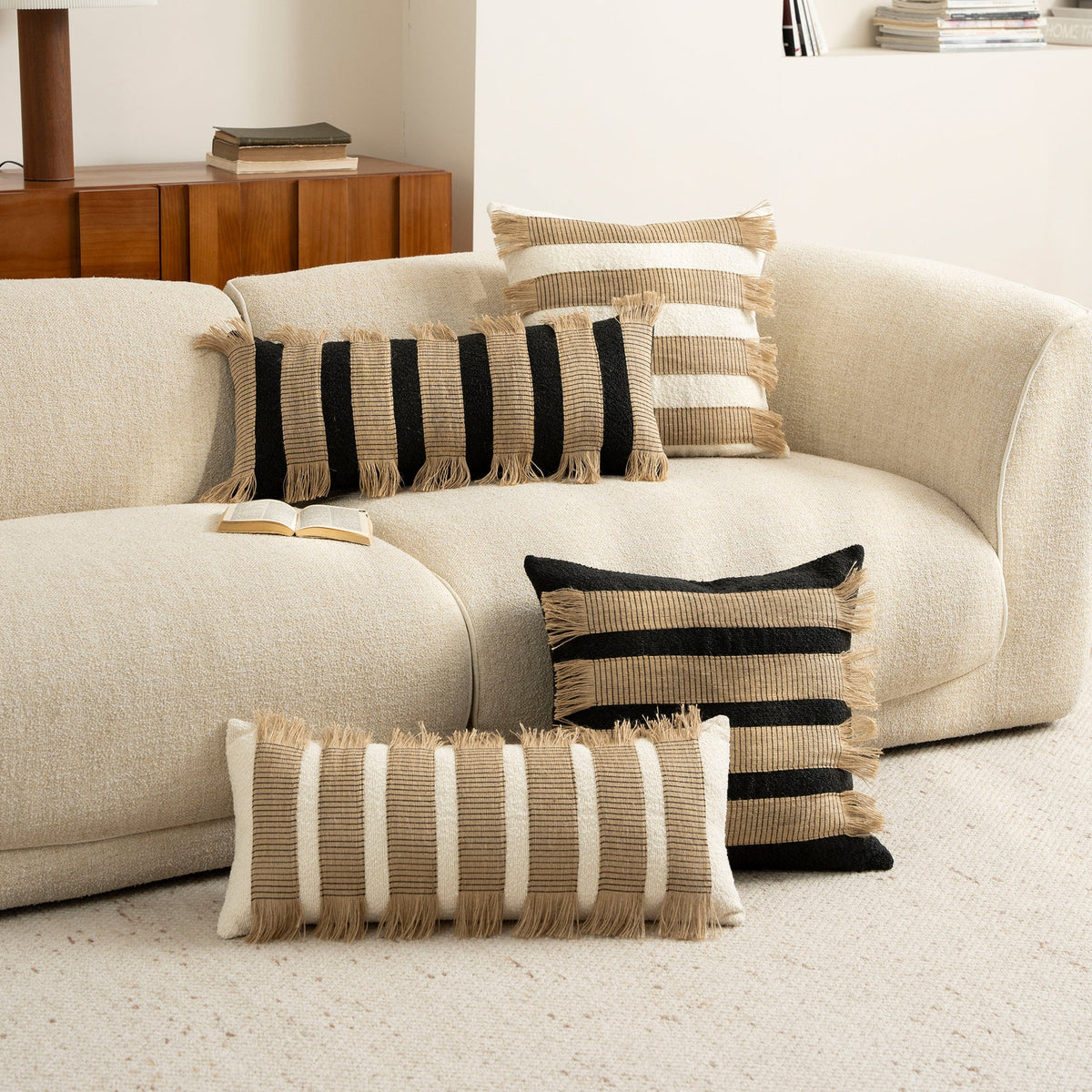 Throw Pillow Boucle & Handwoven Jute Removable Cover