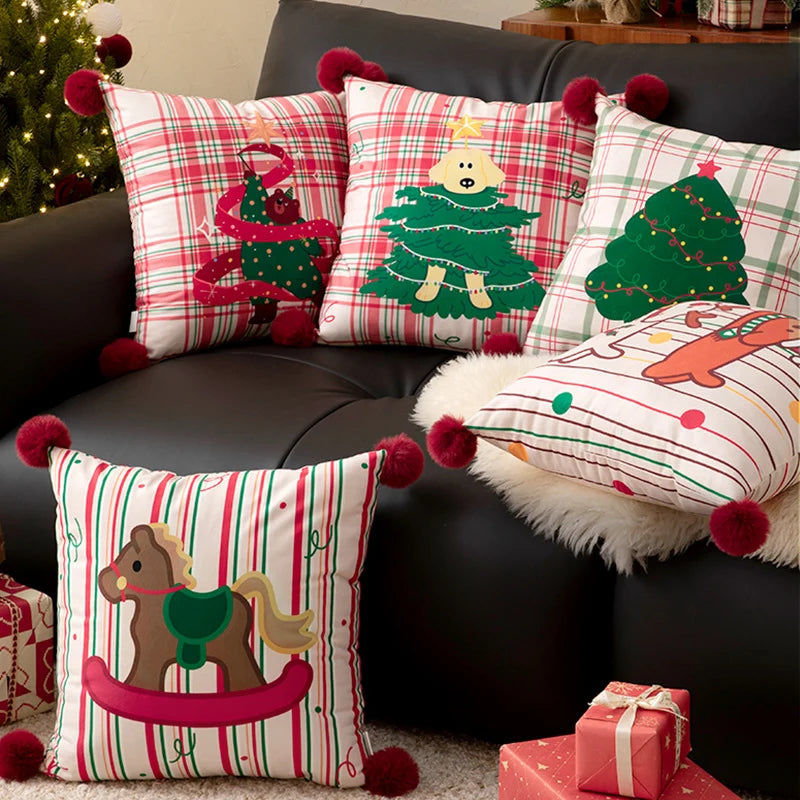 Throw Pillow Christmas Dog Print Pom-Poms Removable Cover