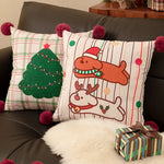 Throw Pillow Christmas Dog Print Pom-Poms Removable Cover
