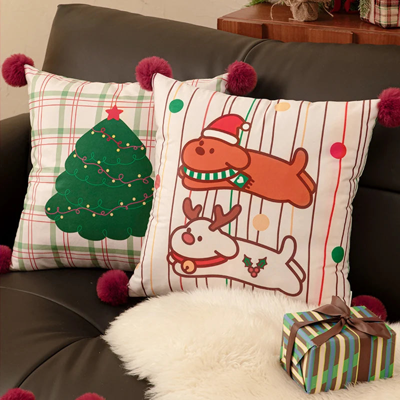 Throw Pillow Christmas Dog Print Pom-Poms Removable Cover