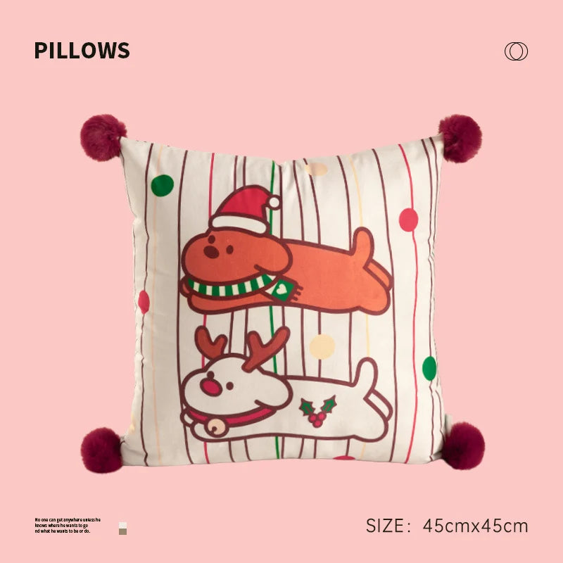Throw Pillow Christmas Dog Print Pom-Poms Removable Cover