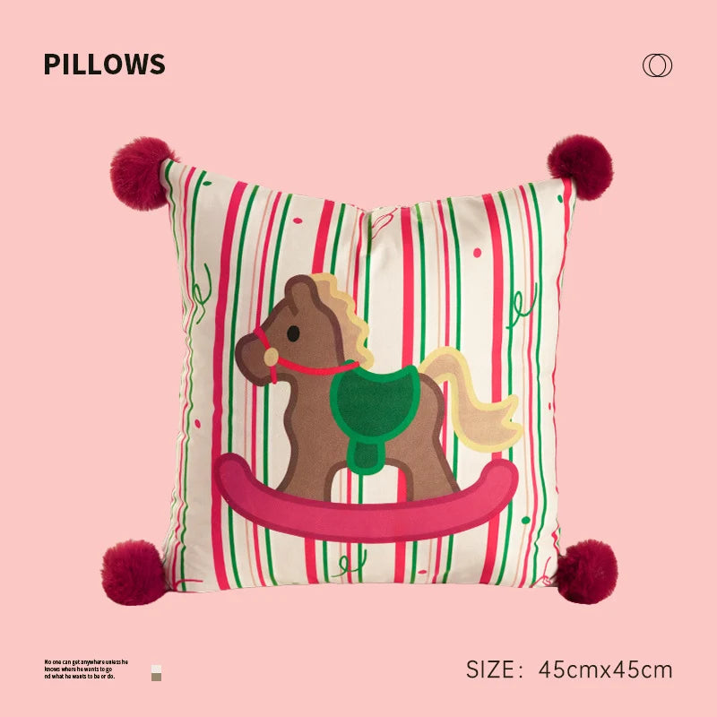 Throw Pillow Christmas Dog Print Pom-Poms Removable Cover