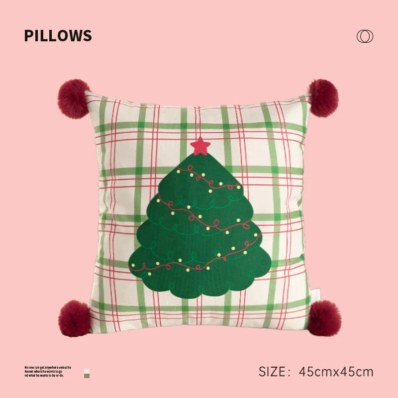 Throw Pillow Christmas Dog Print Pom-Poms Removable Cover