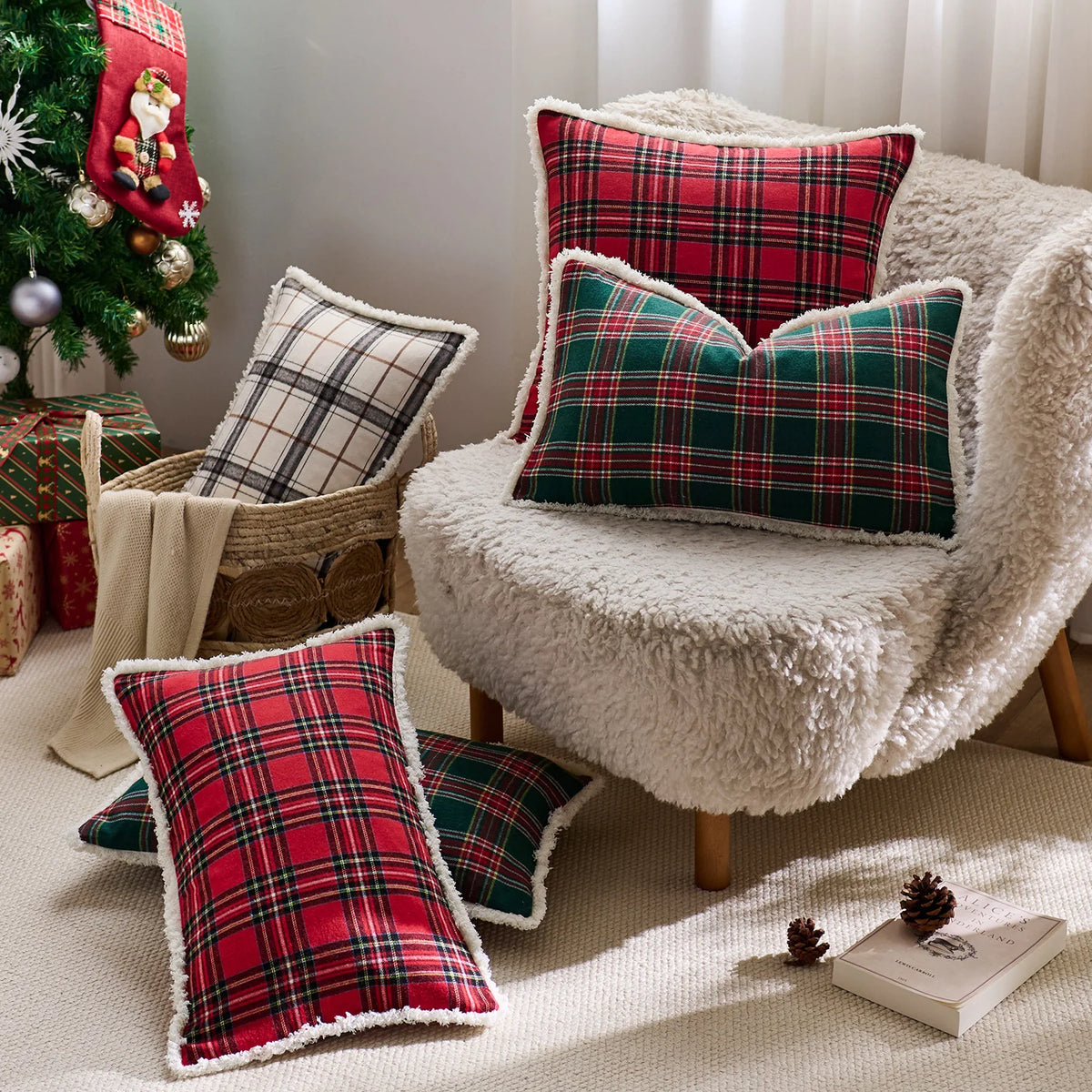 Throw Pillow Cover Brushed Flannel Sherpa Trim Hidden Zipper