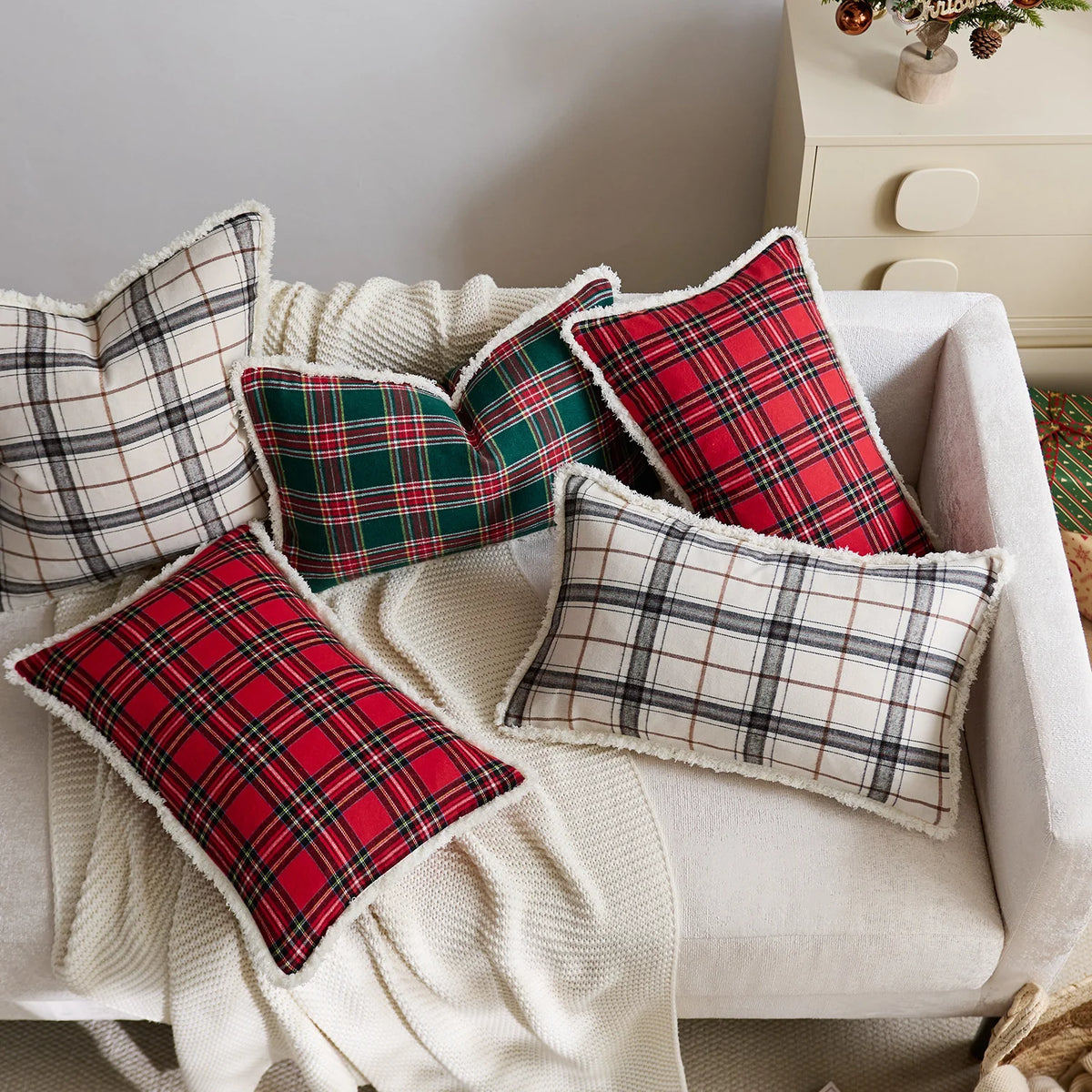 Throw Pillow Cover Brushed Flannel Sherpa Trim Hidden Zipper