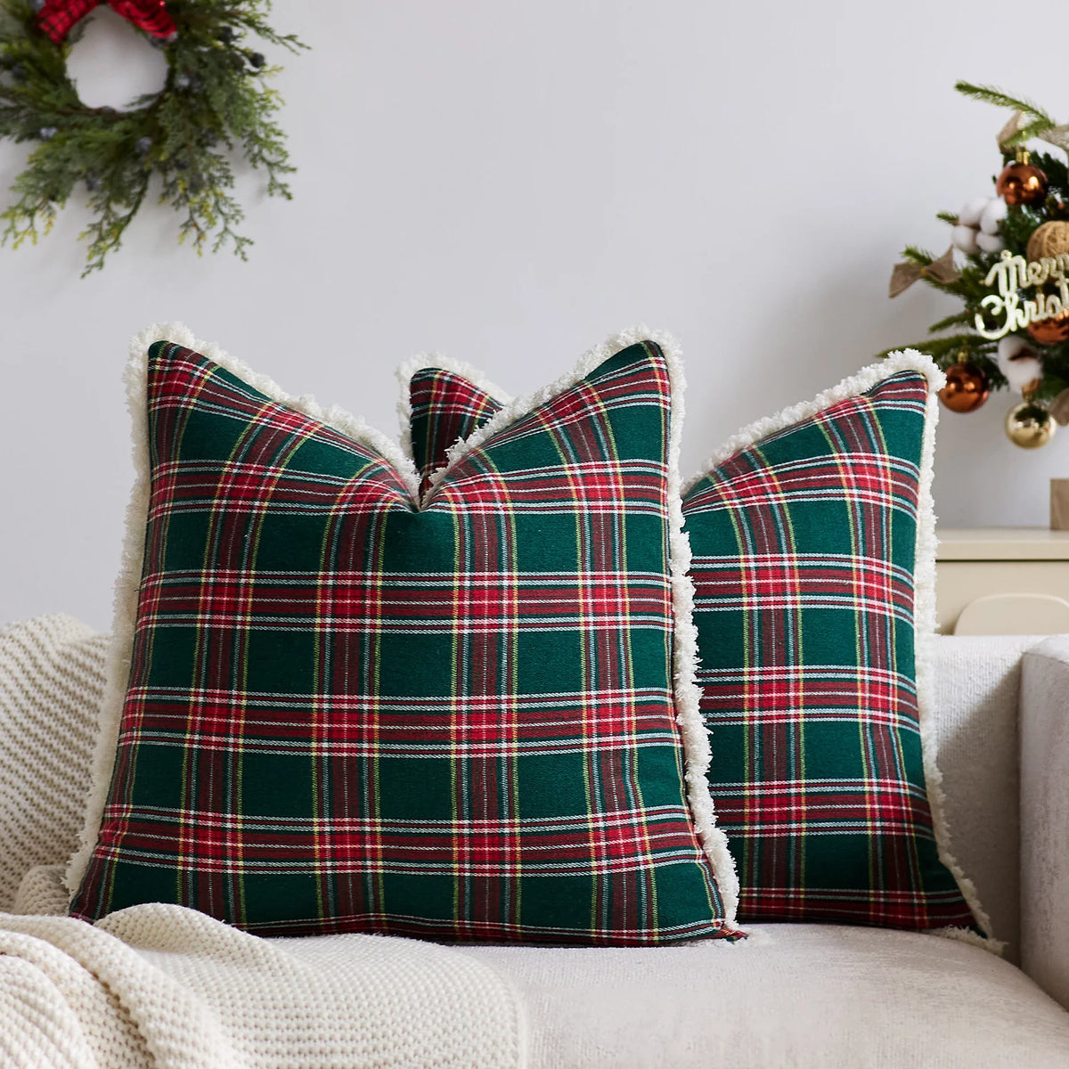 Throw Pillow Cover Brushed Flannel Sherpa Trim Hidden Zipper