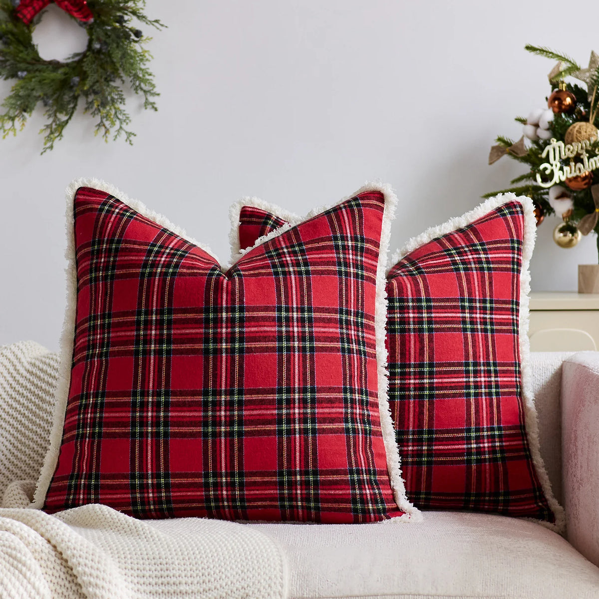 Throw Pillow Cover Brushed Flannel Sherpa Trim Hidden Zipper