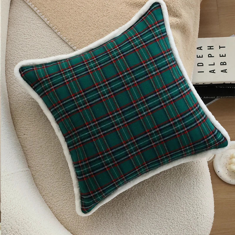 Throw Pillow Cover Checked Flannel Teddy Trim Concealed Zipper