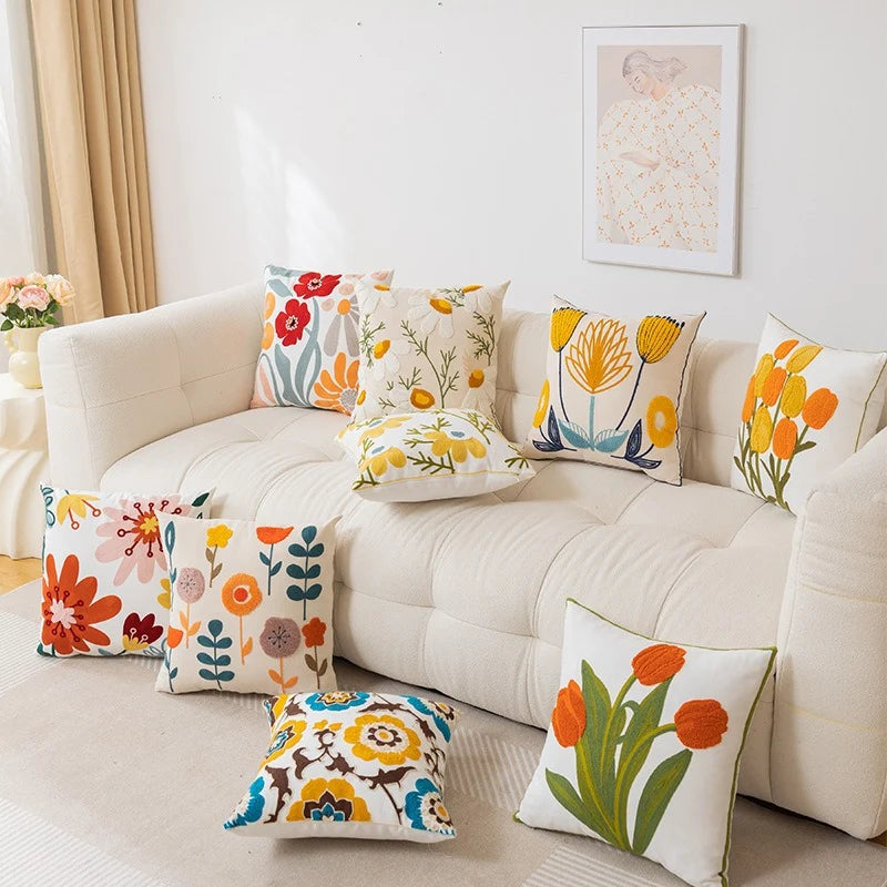 Throw Pillow Cover Cotton-Linen Embroidered Floral Hidden Zipper