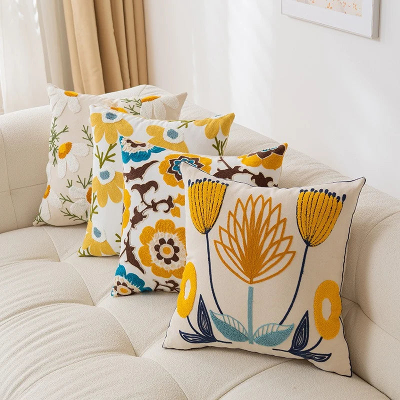 Throw Pillow Cover Cotton-Linen Embroidered Floral Hidden Zipper