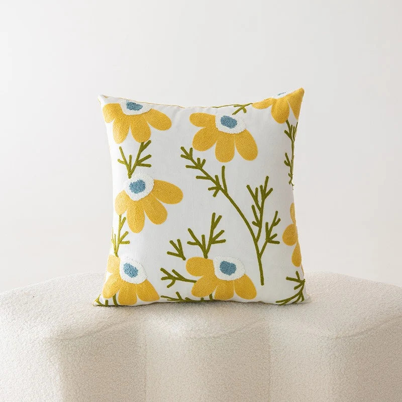 Throw Pillow Cover Cotton-Linen Embroidered Floral Hidden Zipper