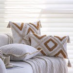 Throw Pillow Cover Cotton-Linen Hand-Tufted Diamond & Tassels