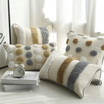 Throw Pillow Cover Cotton-Linen Tufted Pom-Pom Concealed Zipper