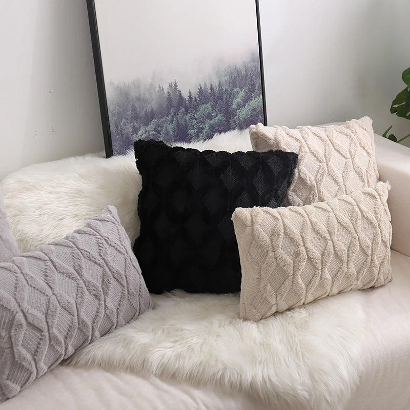 Throw Pillow Cover Diamond Tufted Chenille Knit Frayed Edge