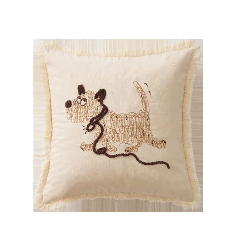 Throw Pillow Cover Embroidered Dog Motif Cotton-Linen Removable Zipper