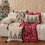 Throw Pillow Cover Embroidered Pine Trees Hidden Zipper & Corner Tassels