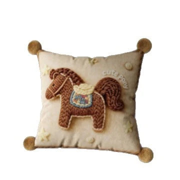 Throw Pillow Cover Embroidered Pony Applique Velvet Pom-Pom Trim