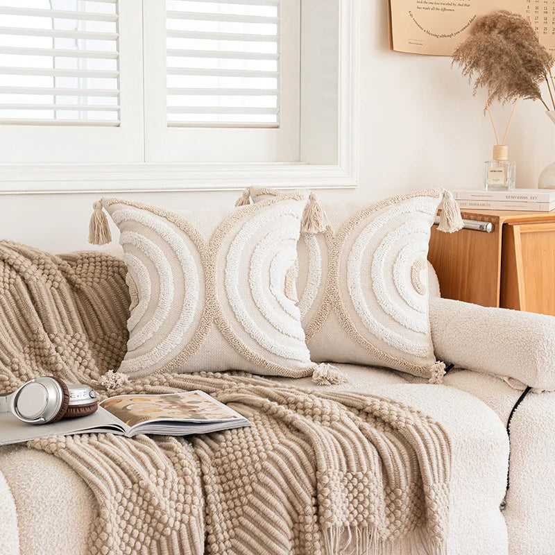 Throw Pillow Cover Geometric Raised Tufting & Hand-Tied Tassels