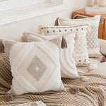 Throw Pillow Cover Geometric Raised Tufting & Hand-Tied Tassels