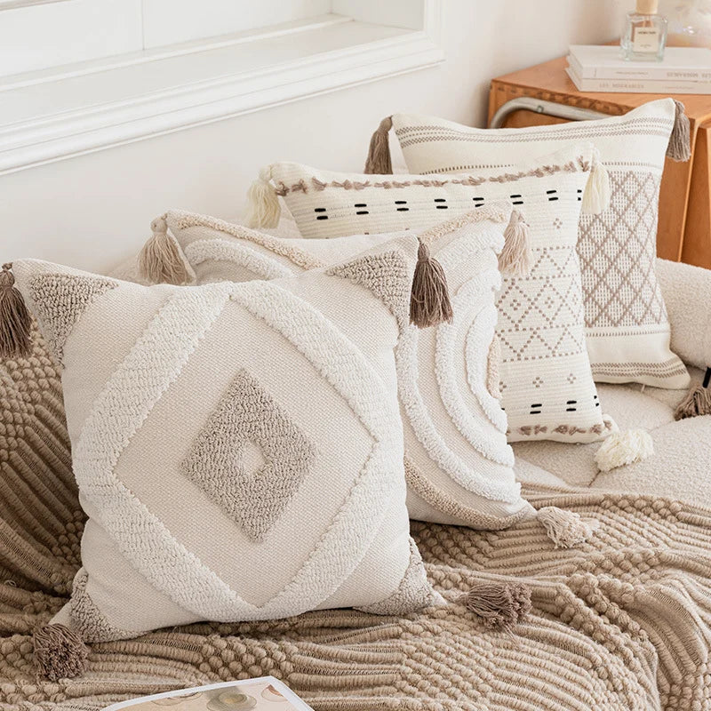 Throw Pillow Cover Geometric Raised Tufting & Hand-Tied Tassels