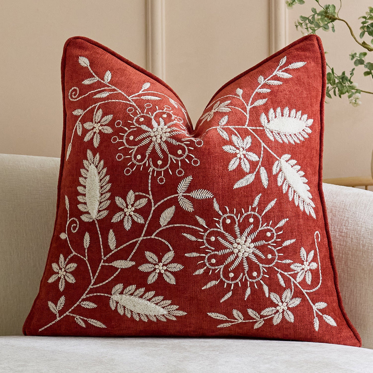 Throw Pillow Cover Hand-Embroidered Linen Blend Hidden Closure