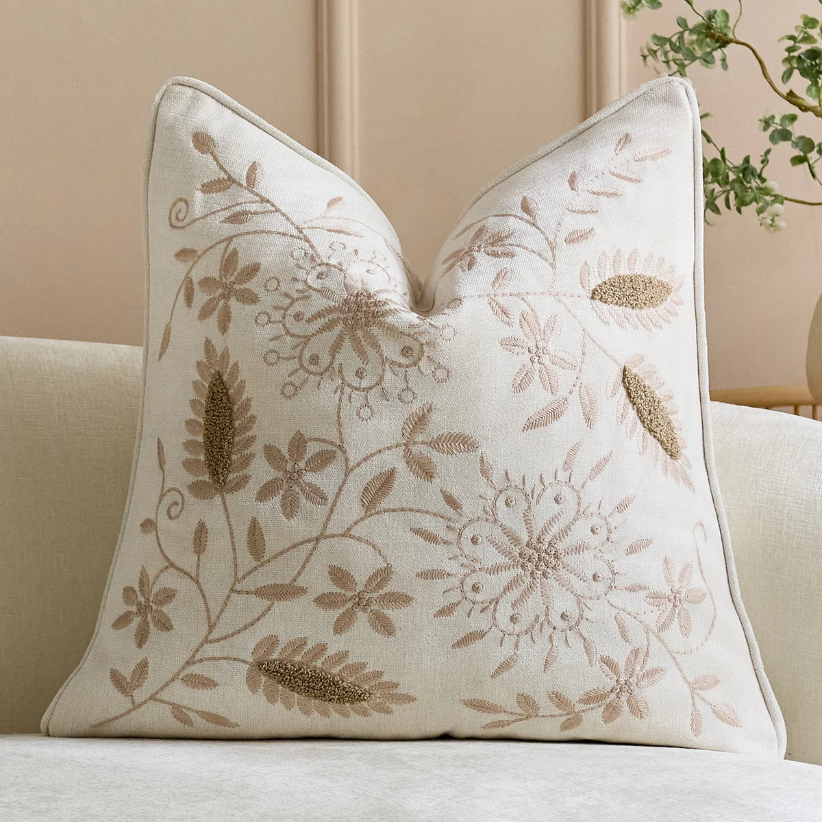 Throw Pillow Cover Hand-Embroidered Linen Blend Hidden Closure