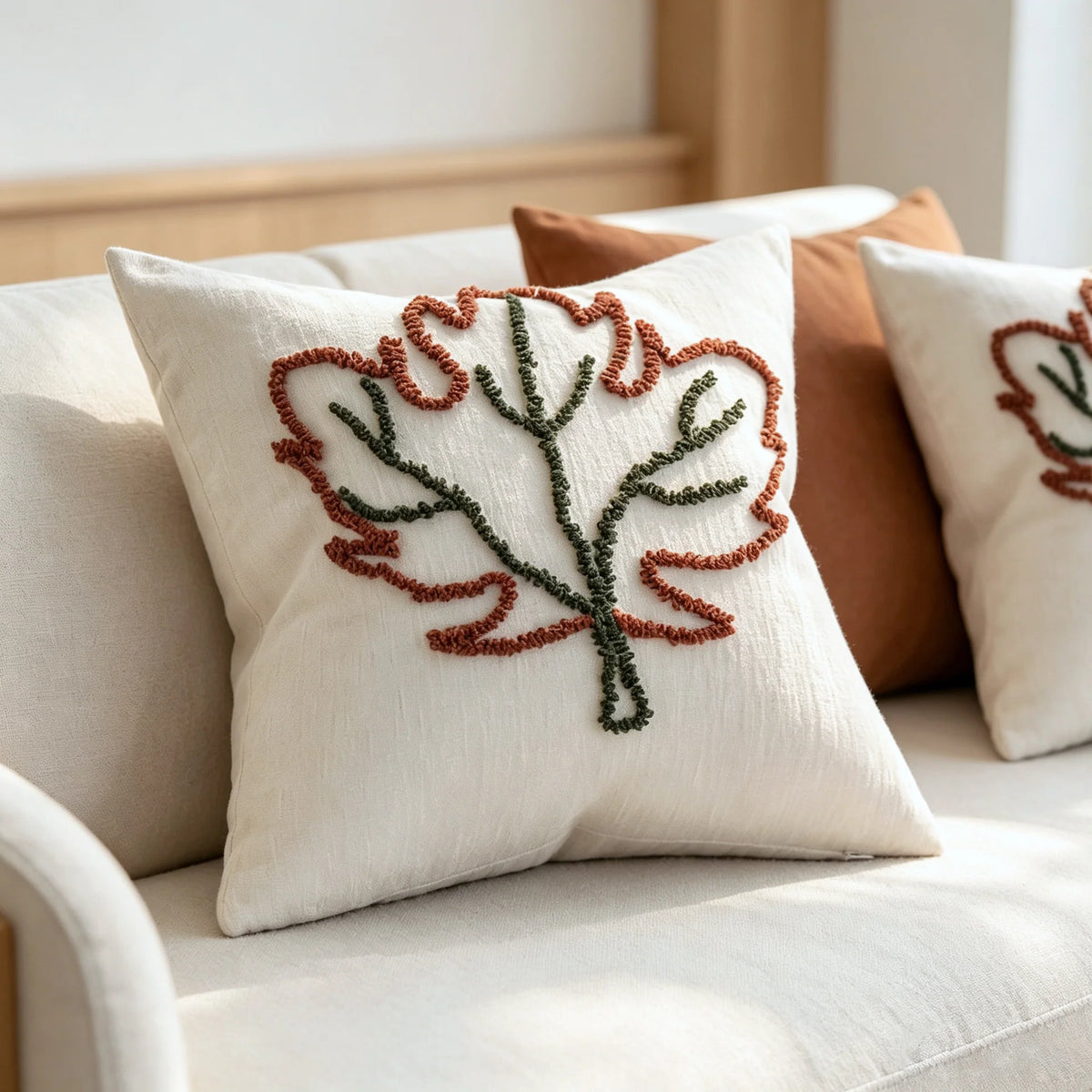 Throw Pillow Cover Hand-Tufted Leaf Cotton-Linen & Concealed Zipper