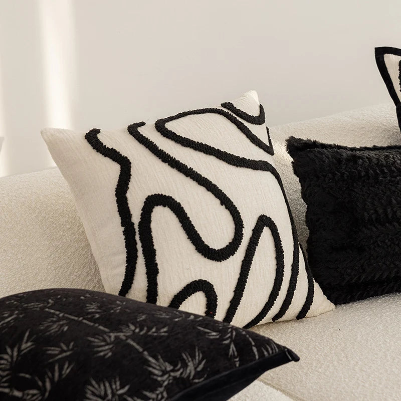 Throw Pillow Cover Hand-Tufted Squiggle Embroidery Hidden Zipper