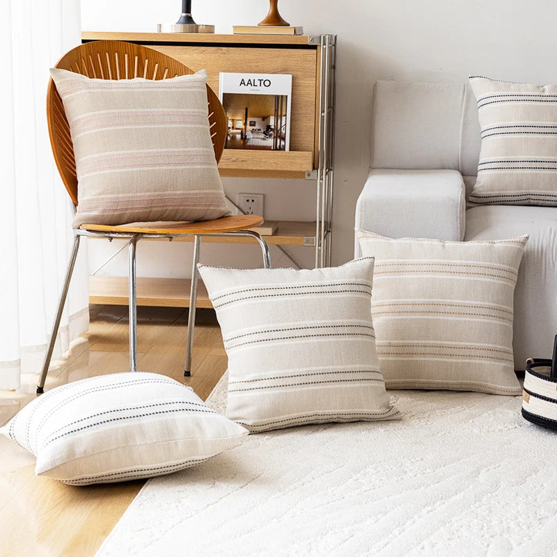 Throw Pillow Cover Linen-Blend Textured Stripes Hidden Zipper