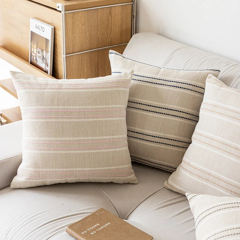 Throw Pillow Cover Linen-Blend Textured Stripes Hidden Zipper