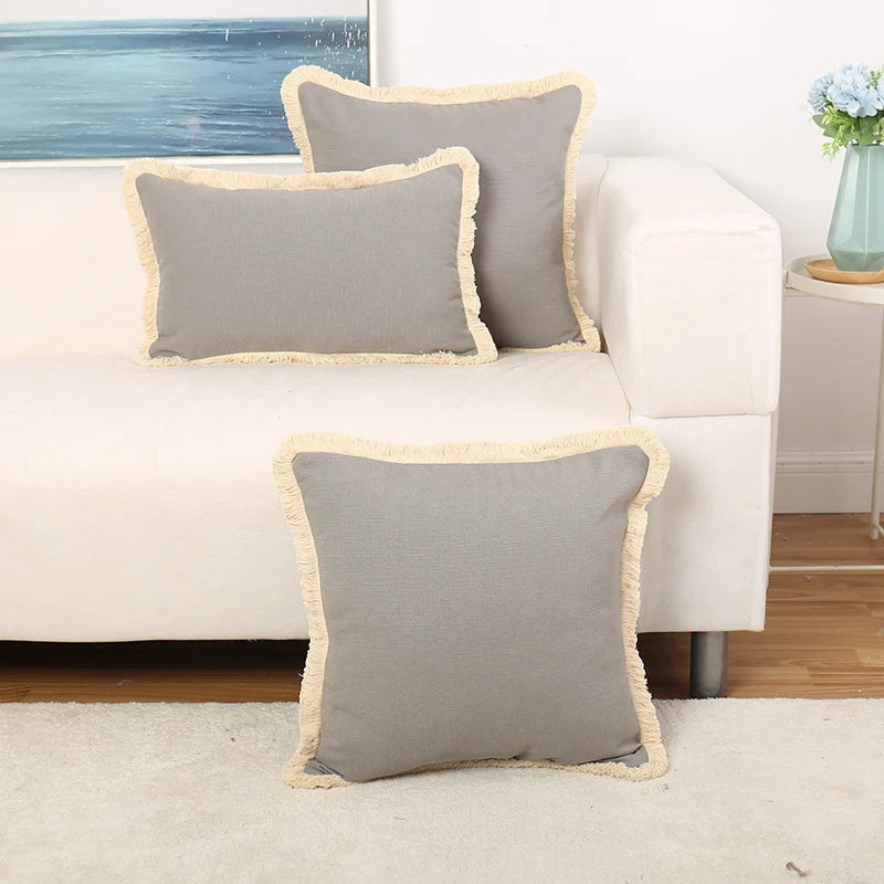Throw Pillow Cover Linen-Texture Brush Fringe Hidden Zipper