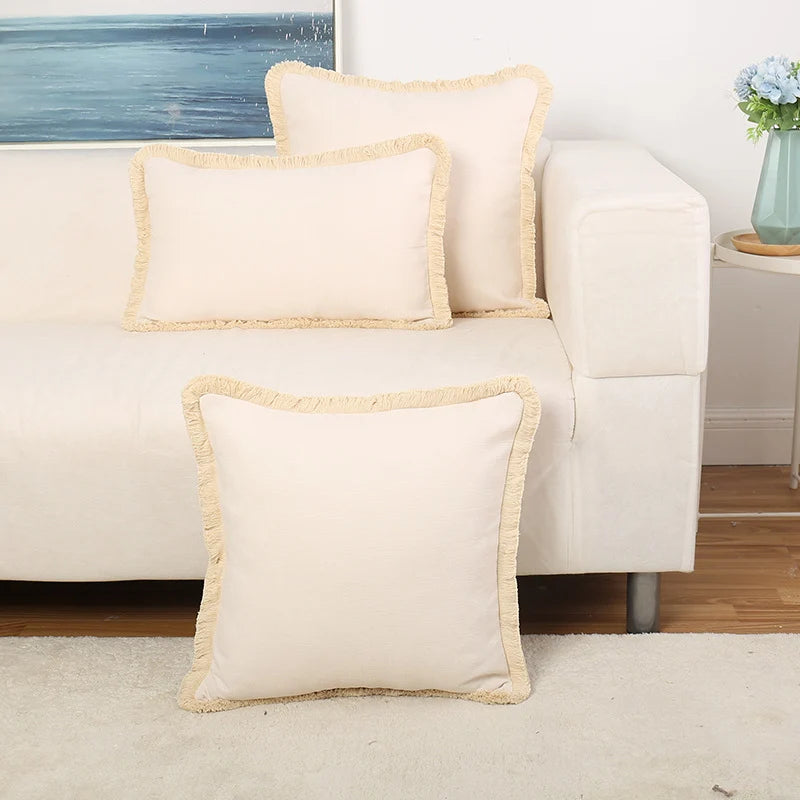 Throw Pillow Cover Linen-Texture Brush Fringe Hidden Zipper