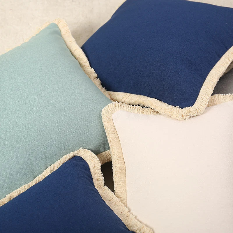 Throw Pillow Cover Linen-Texture Brush Fringe Hidden Zipper