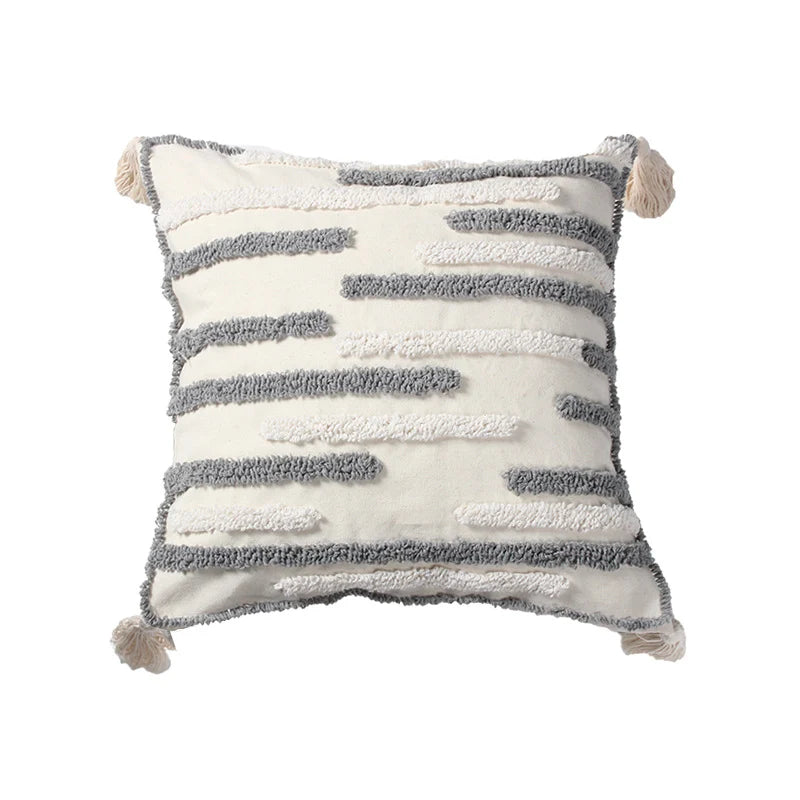 Throw Pillow Cover Loop-Embroidered Hand-Tied Tassels Hidden Zipper
