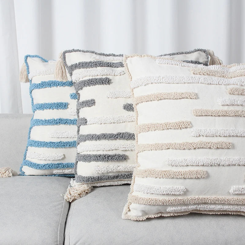 Throw Pillow Cover Loop-Embroidered Hand-Tied Tassels Hidden Zipper