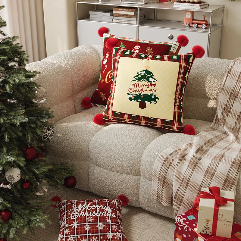 Throw Pillow Cover Plaid Pom-Pom Machine-Washable Hidden Zipper