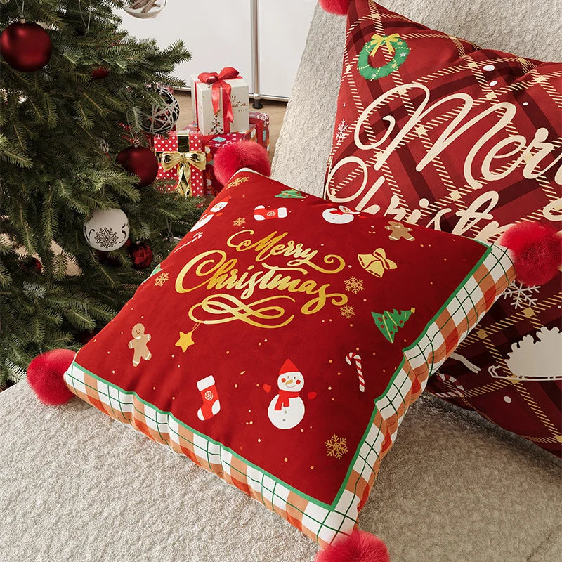 Throw Pillow Cover Plaid Pom-Pom Machine-Washable Hidden Zipper