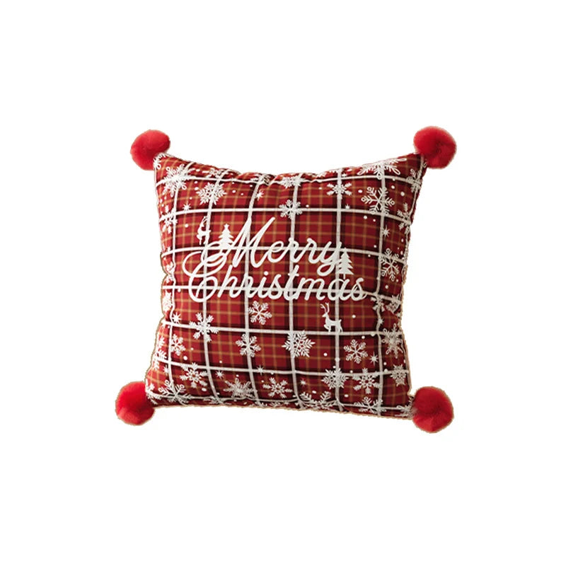 Throw Pillow Cover Plaid Pom-Pom Machine-Washable Hidden Zipper