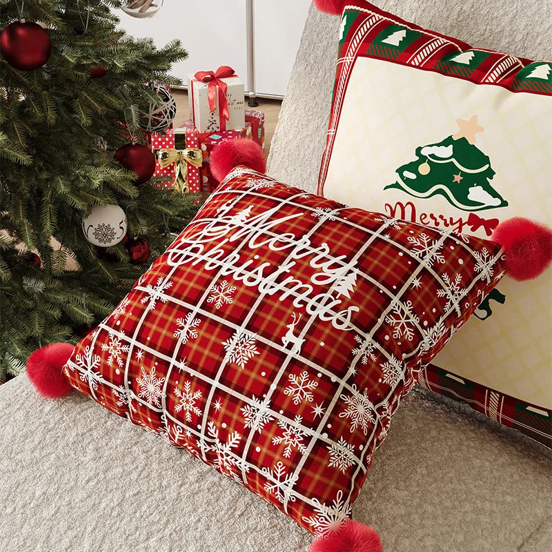 Throw Pillow Cover Plaid Pom-Pom Machine-Washable Hidden Zipper