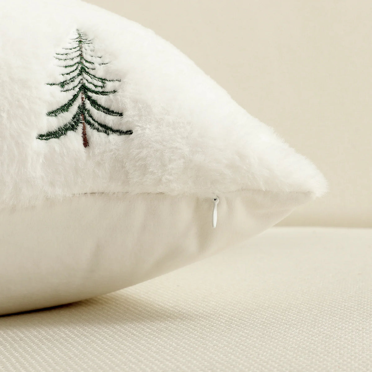 Throw Pillow Cover Plush Faux Fur Embroidered Evergreen Pattern