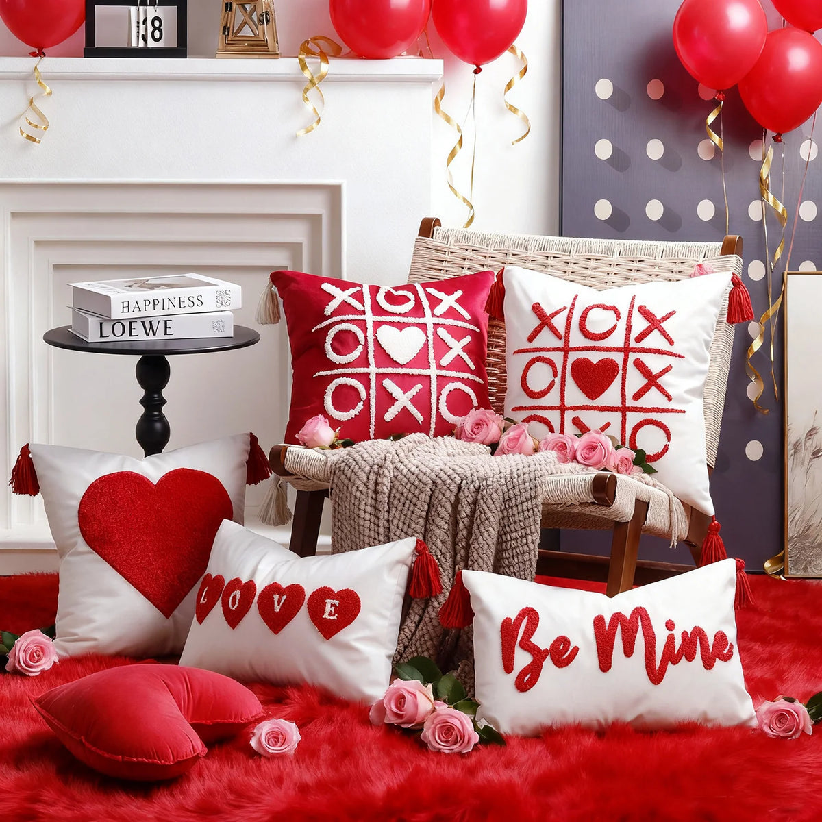 Throw Pillow Cover Plush Heart Applique & Tassel Corners
