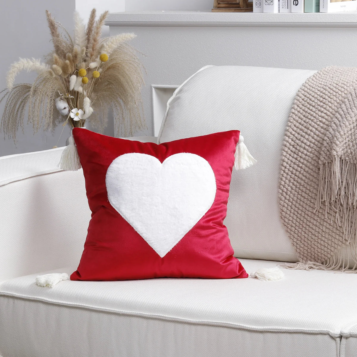 Throw Pillow Cover Plush Heart Applique & Tassel Corners