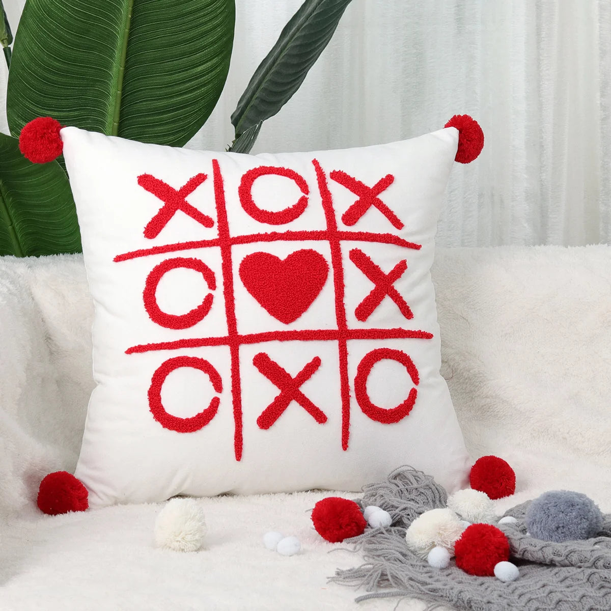 Throw Pillow Cover Plush Heart Applique & Tassel Corners