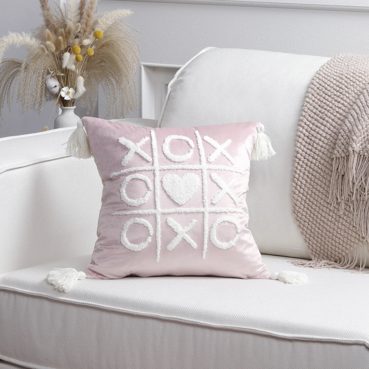 Throw Pillow Cover Plush Heart Applique & Tassel Corners