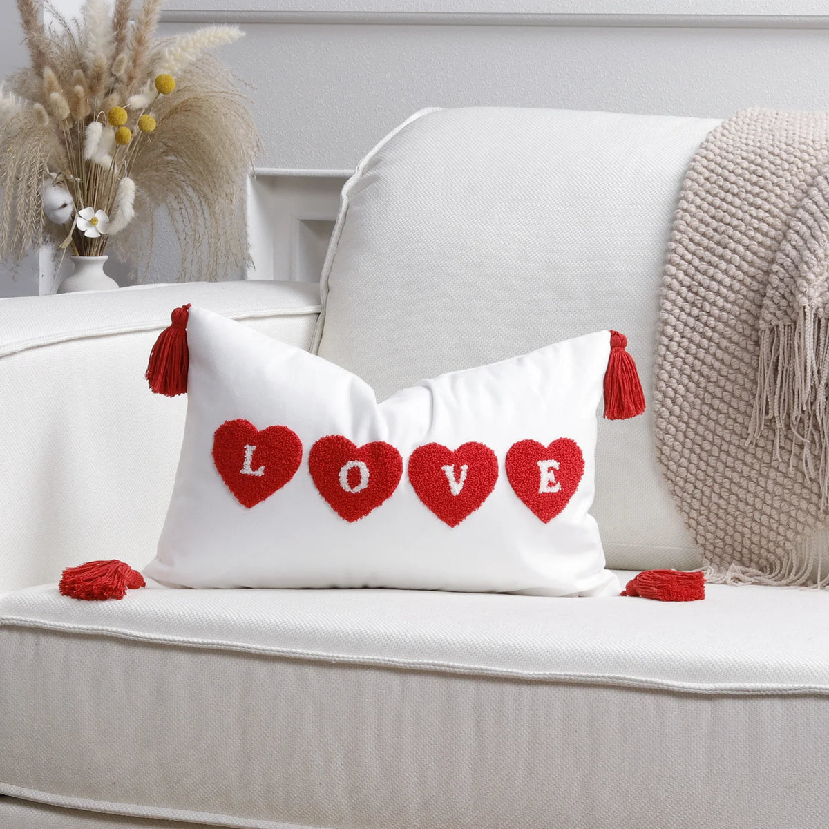 Throw Pillow Cover Plush Heart Applique & Tassel Corners