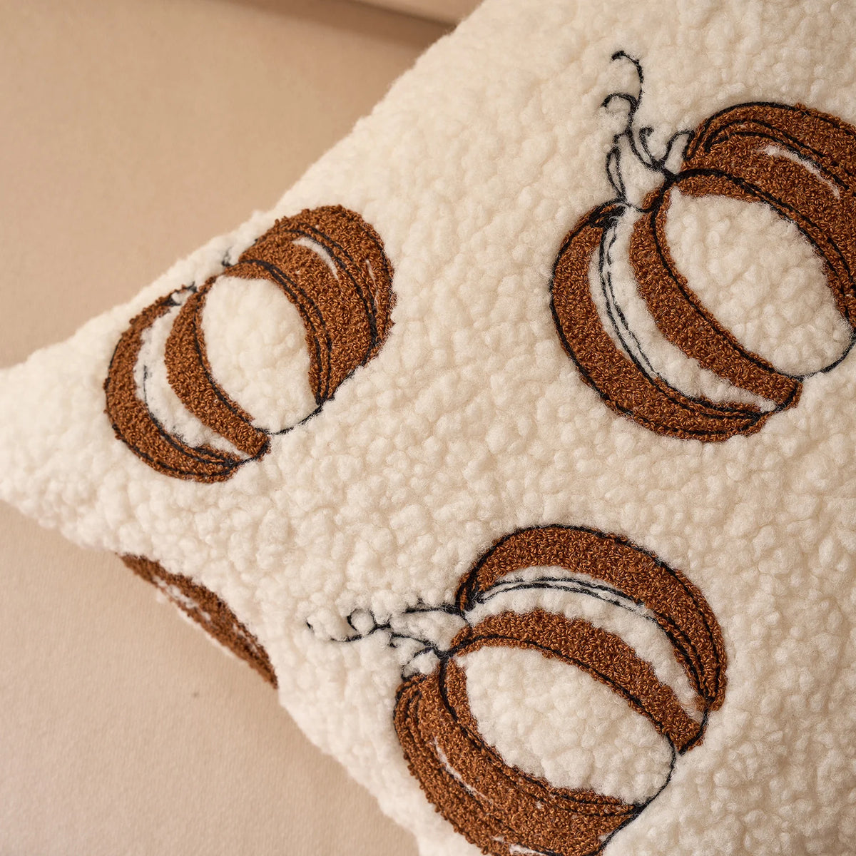 Throw Pillow Cover Plush Sherpa Embroidered Pumpkin Removable Machine Washable