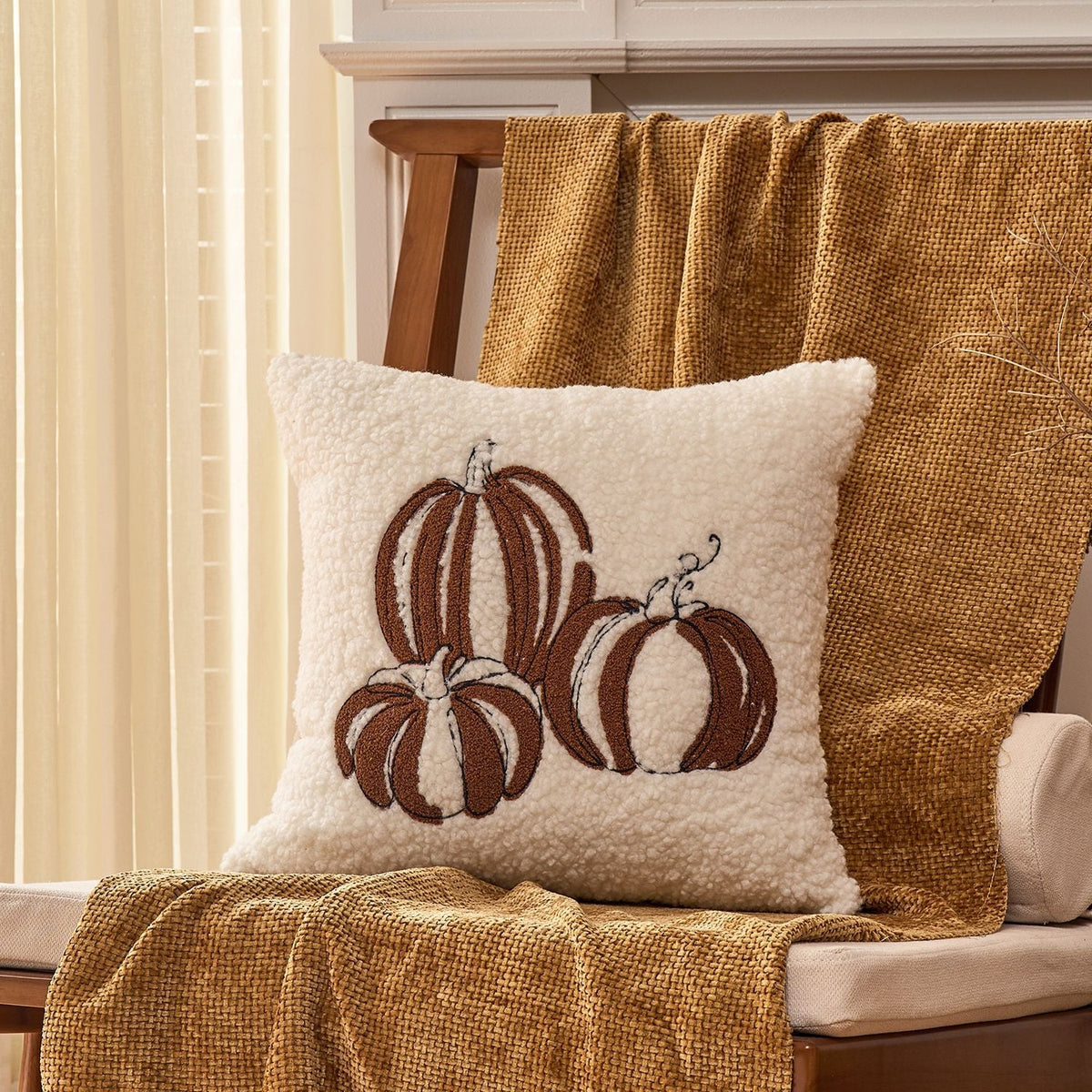 Throw Pillow Cover Plush Sherpa Embroidered Pumpkin Removable Machine Washable