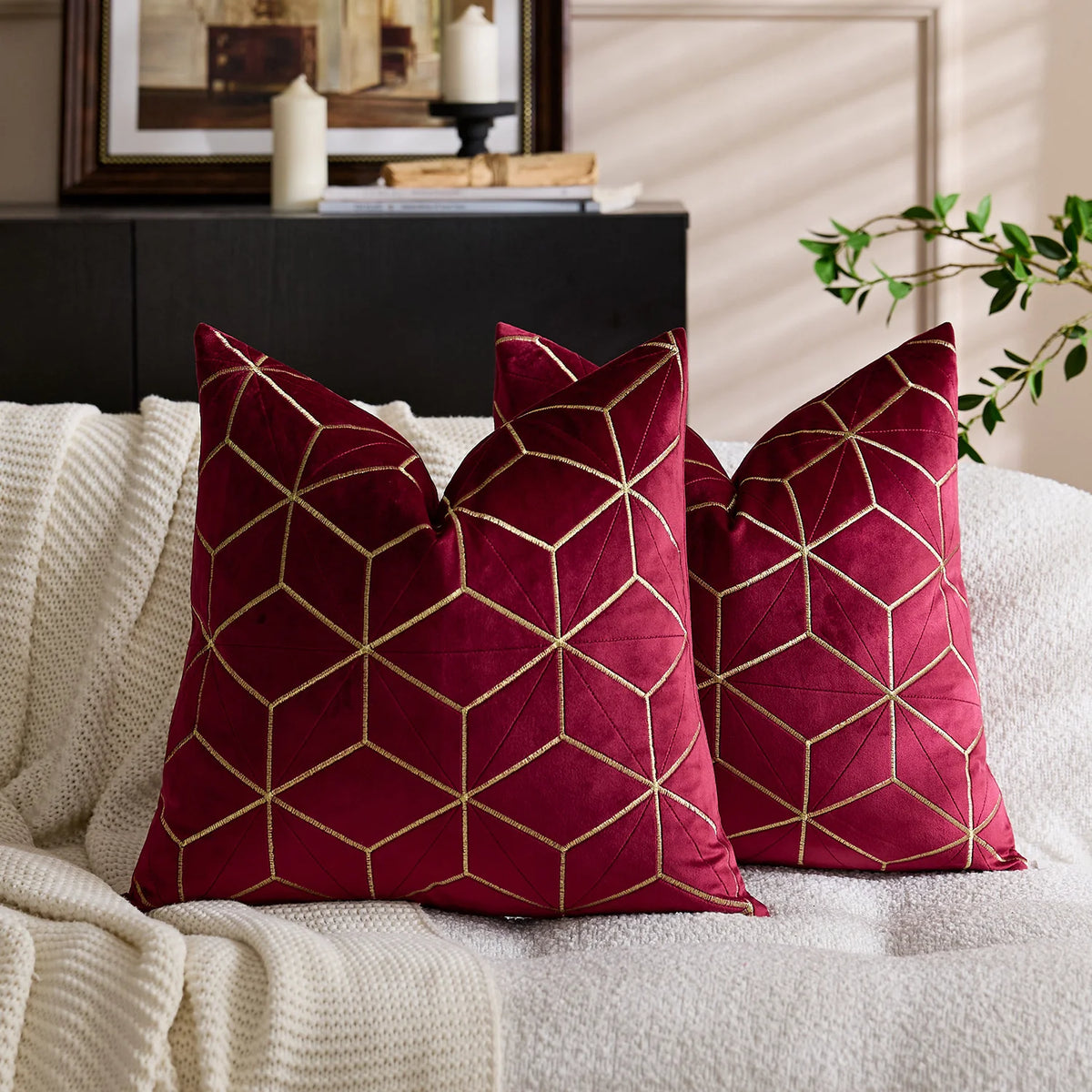 Throw Pillow Cover Plush Velvet Metallic Embroidery Hidden Zipper
