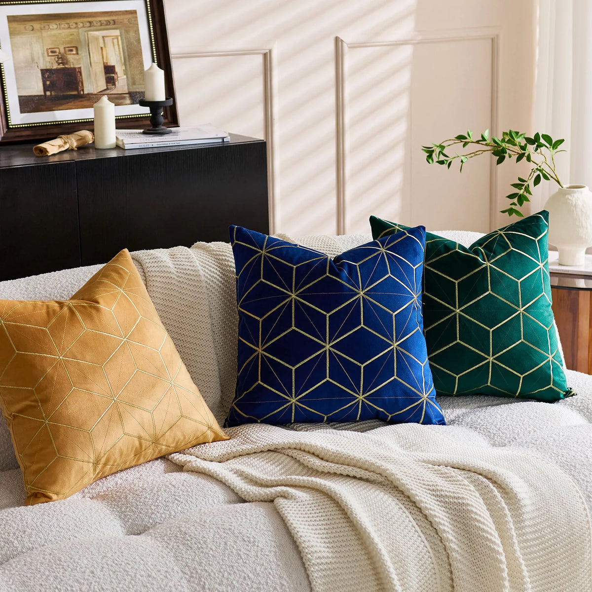 Throw Pillow Cover Plush Velvet Metallic Embroidery Hidden Zipper